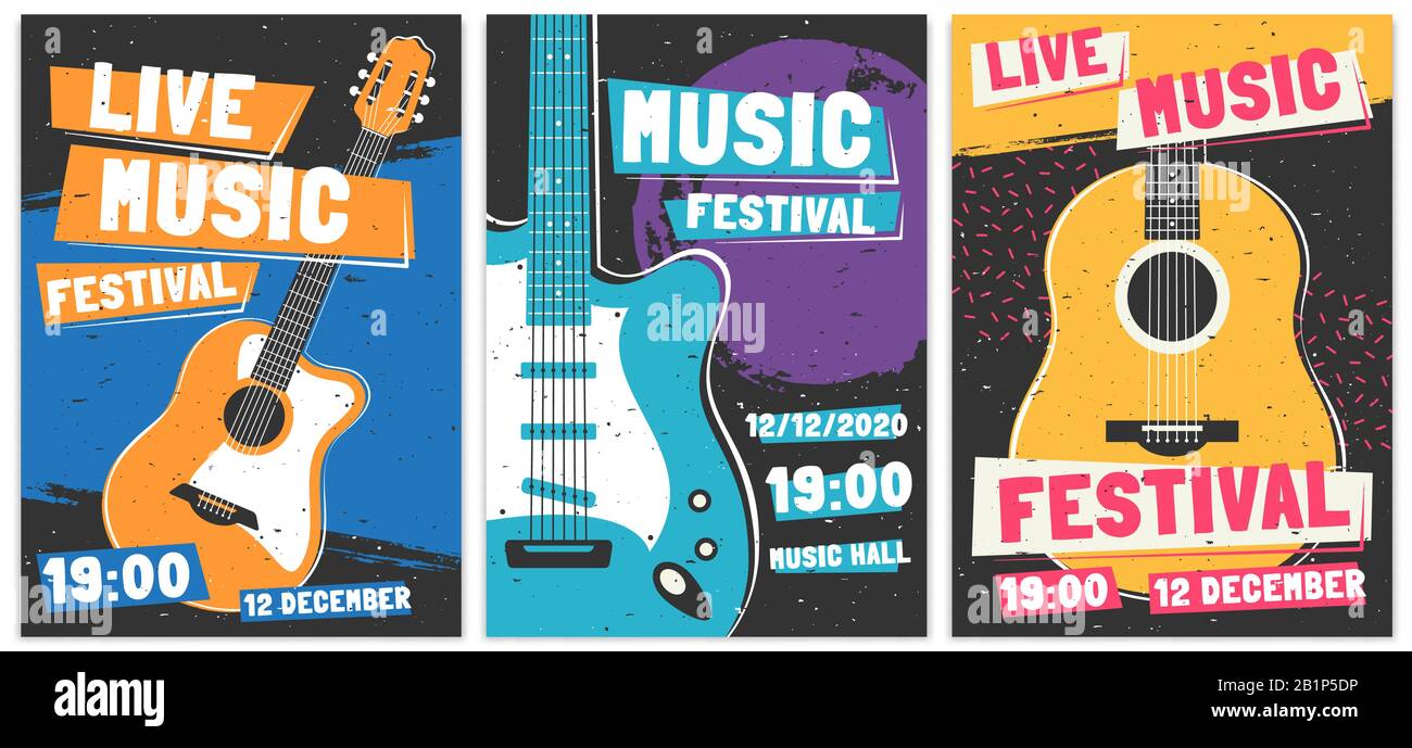 Poster del festival musicale. Concerto di musica acustica dal vivo per chitarra, volantino Rock fest e set di template vettoriali creativi per brochure. Concerto rock n roll Illustrazione Vettoriale