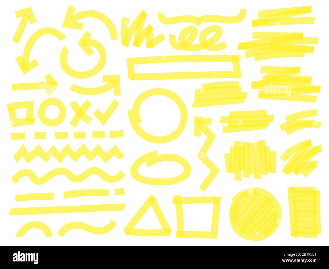 Evidenziare i tratti dei marker. Segni di spunta gialli, evidenziazioni e linee di evidenziatura del vettore di marcatura. Frecce luminose, forme geometriche, linee e. Illustrazione Vettoriale