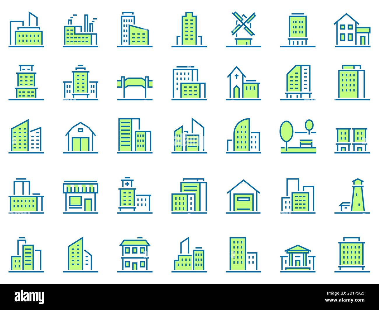 Icone di costruzione della linea di colore. Icona della città verde, edifici della città e set di simboli immobiliari vettore. Architettura urbana. Edifici residenziali e comunali Illustrazione Vettoriale