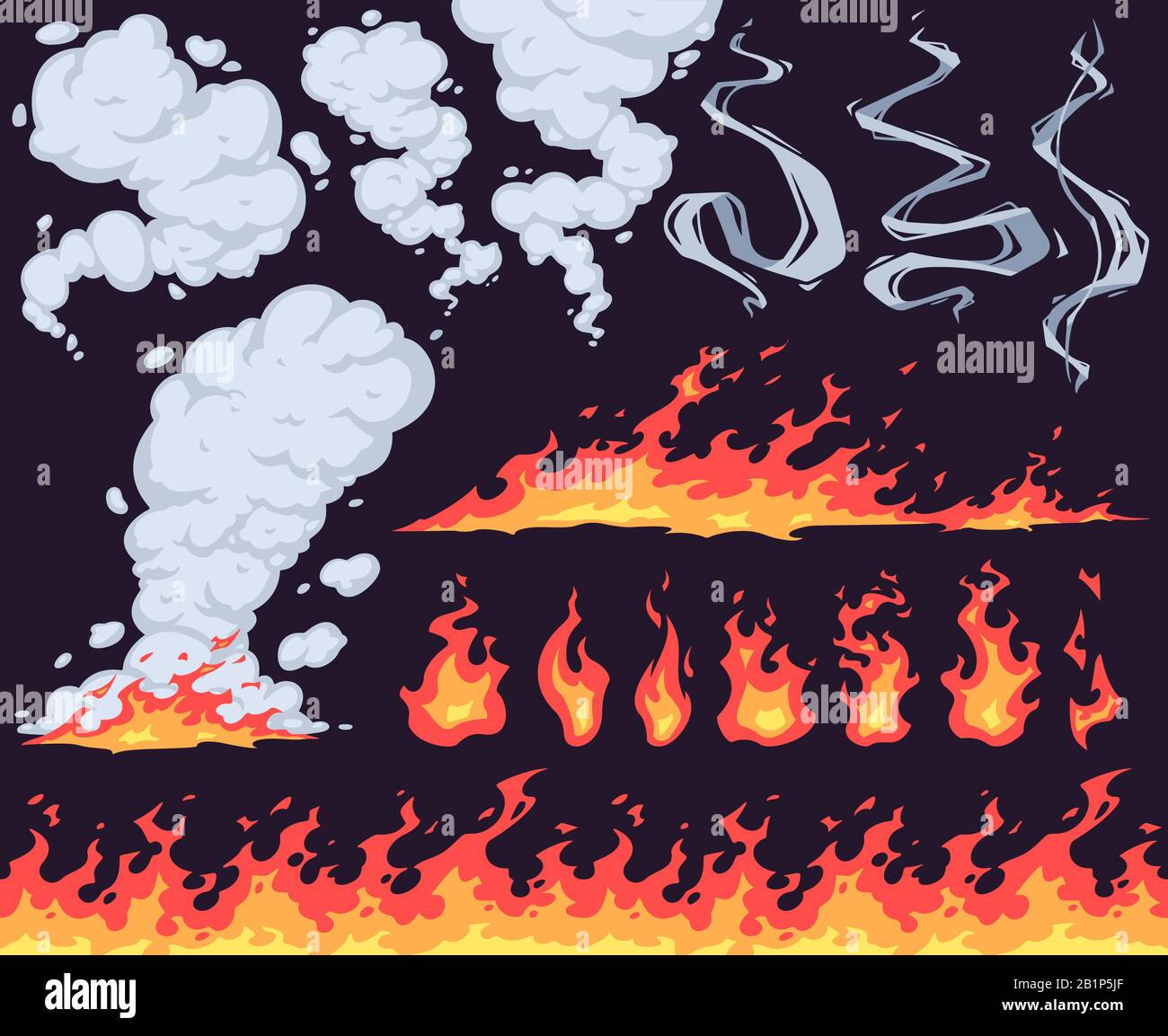 Cartone animato fuoco e fumo. Fuoco luminoso fiamma, fiamme rosse fuoco e nuvole di fumo effetto vettore set. Pericolo di incendio, fenomeno naturale isolato Illustrazione Vettoriale