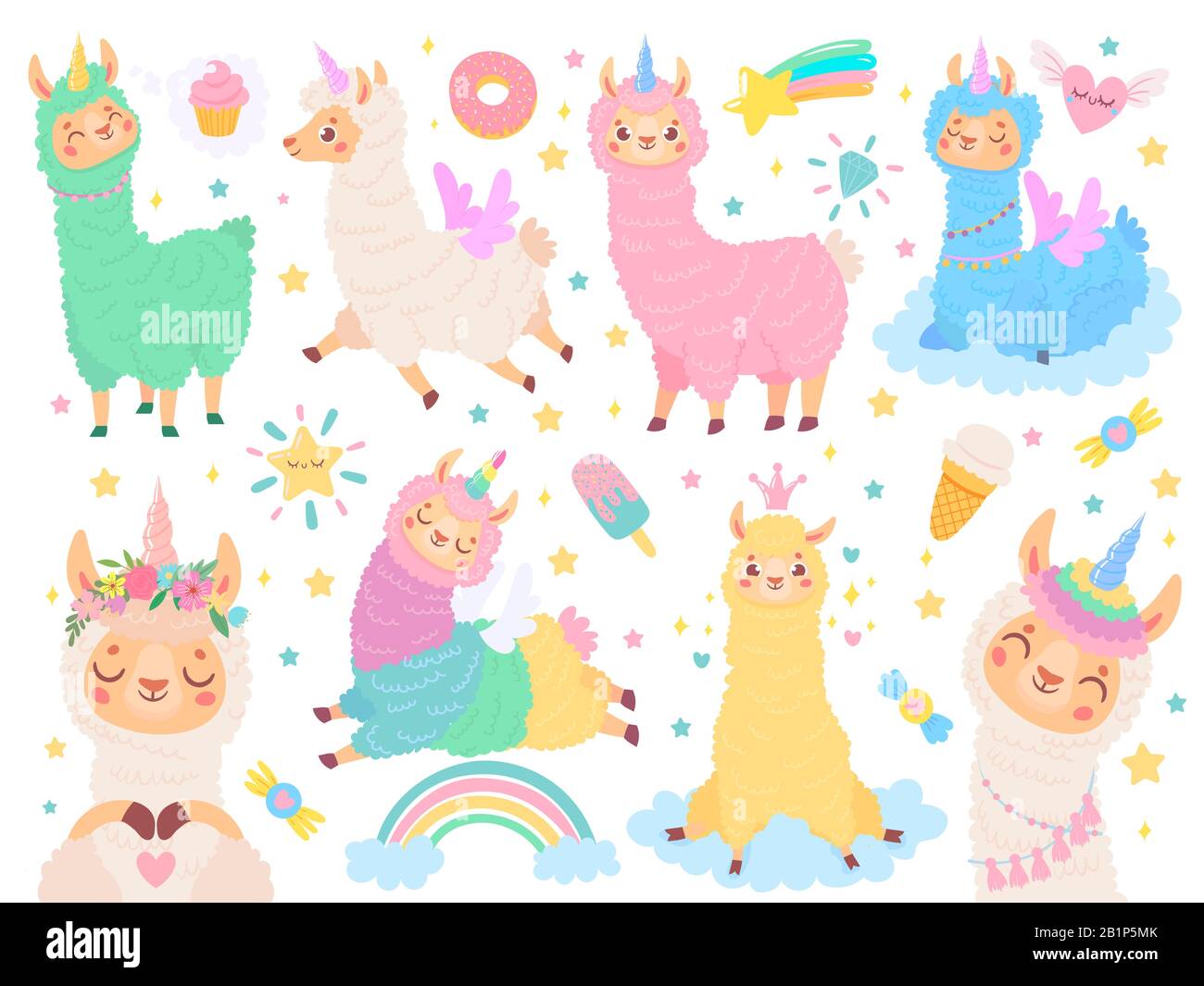 Unicorno cartoon lama. Felice magia colore lama unicorni, morbido rosa alpaca vettore illustrazione set. Collezione di adesivi animali esotici carini Illustrazione Vettoriale