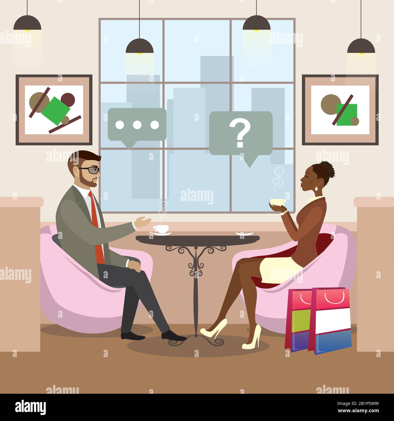 Bellezza afroamericana donna e caucasico maschio bere caffè e parlare in un caffè, accogliente ristorante interno con mobili, vettore piatto illustrati Illustrazione Vettoriale