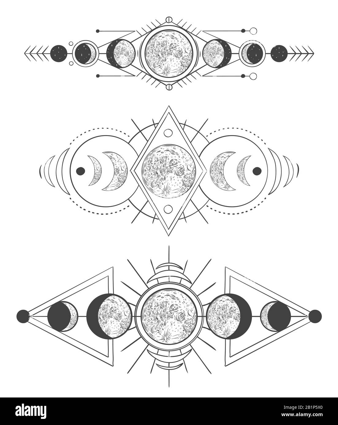 Fasi lune nel cielo mistico. Madre luna, tatuaggio pagano disegnato a mano o disegno wicca luna dea vettore illustrazione set. Fasi lunari monocromatiche Illustrazione Vettoriale