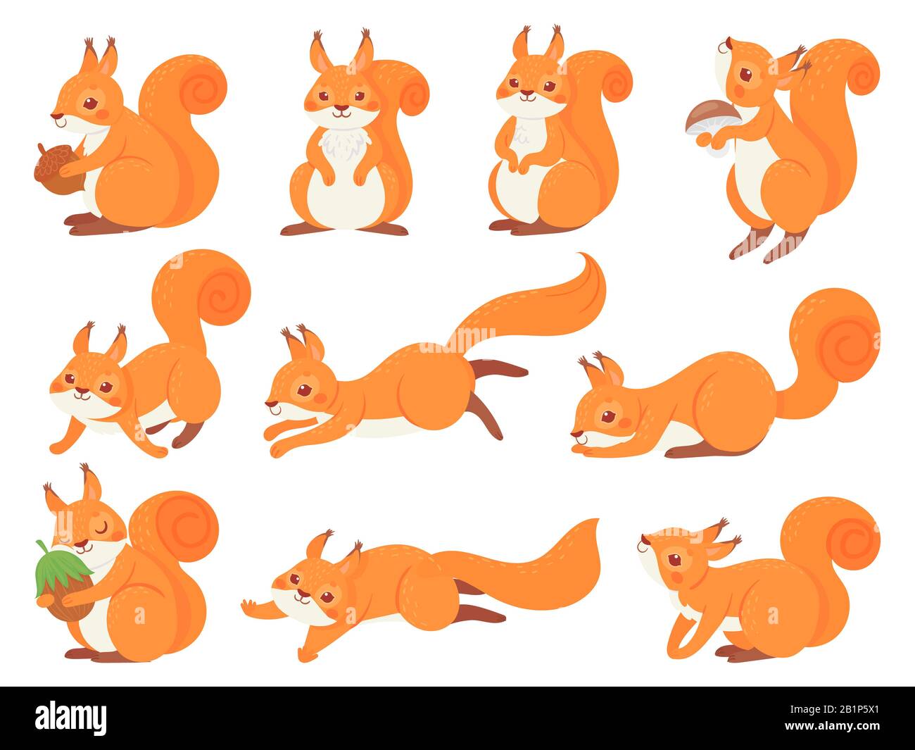 Scoiattolo dei cartoni animati. Simpatici scoiattoli con coda di furry rosso, animali di mammiferi e set vettore di scoiattolo di pelliccia marrone. Adorabile fauna forestale, divertente fauna selvatica Illustrazione Vettoriale