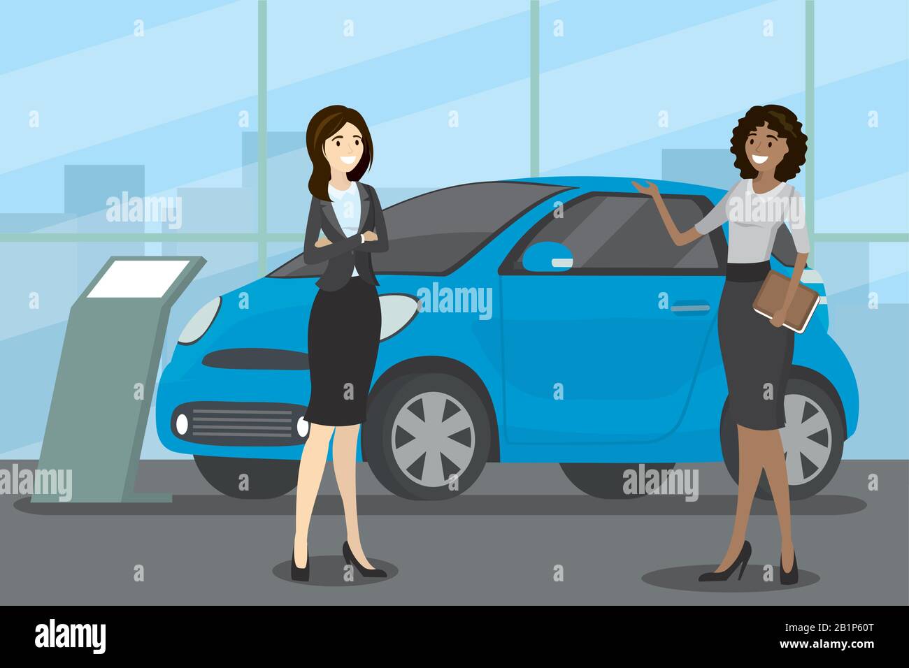 Vendita di una nuova auto blu, cartoon african american venditore donna presso lo showroom auto mostra il veicolo e acquirente femmina, piatto vettore illustrazione Illustrazione Vettoriale