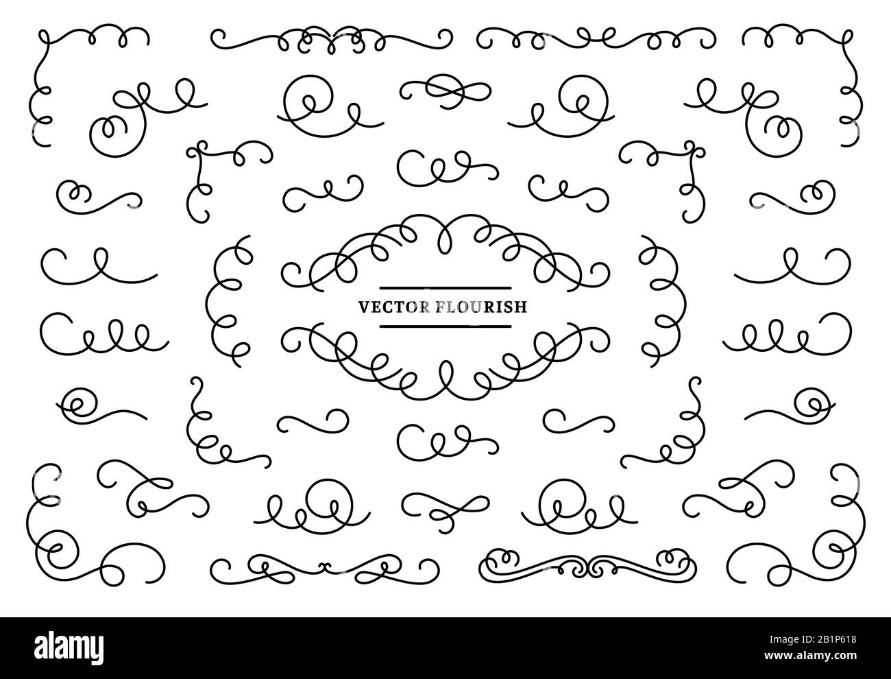 Linea fiorire ornamento vortici. Linee di turbolenza vintage, ornamentale fiorisce devier e retrò frame angolo set vettore. Elementi lineari filigree Illustrazione Vettoriale