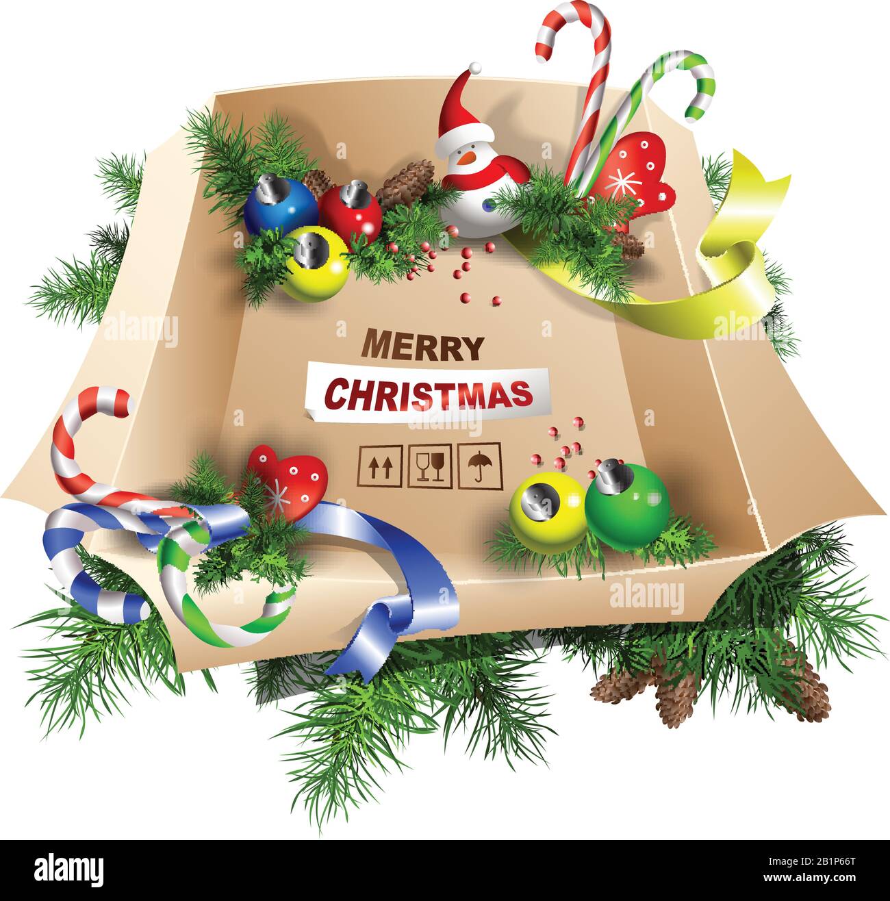 Grande scatola di decorazioni. Buon Natale. Illustrazione isolata su sfondo bianco. Illustrazione Vettoriale