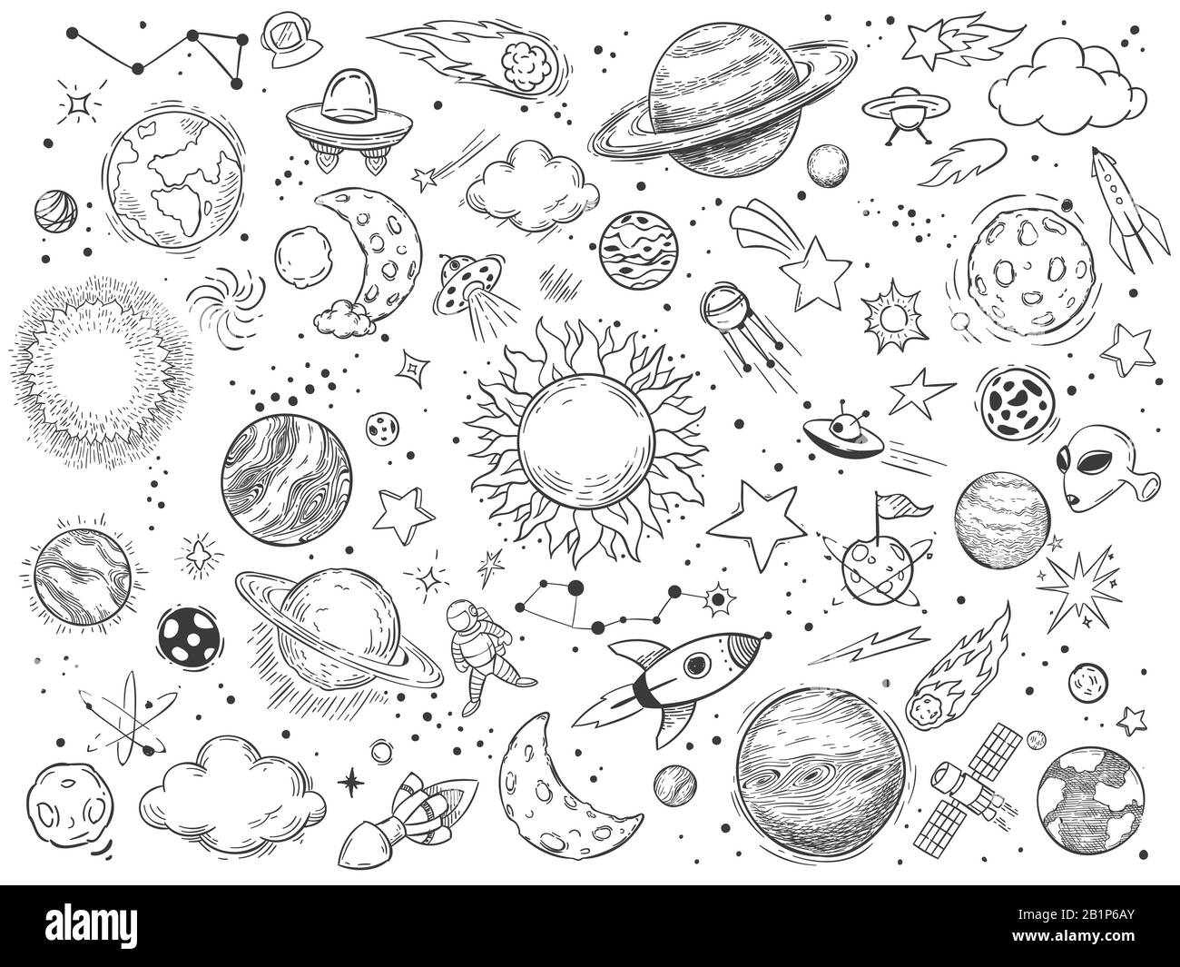 Barboncino spaziale. Astrologia doodles, schizzare pianeti universo spazio e mano disegnato cosmico vettore razzo insieme di illustrazione. Corpi celesti bianchi e neri Illustrazione Vettoriale