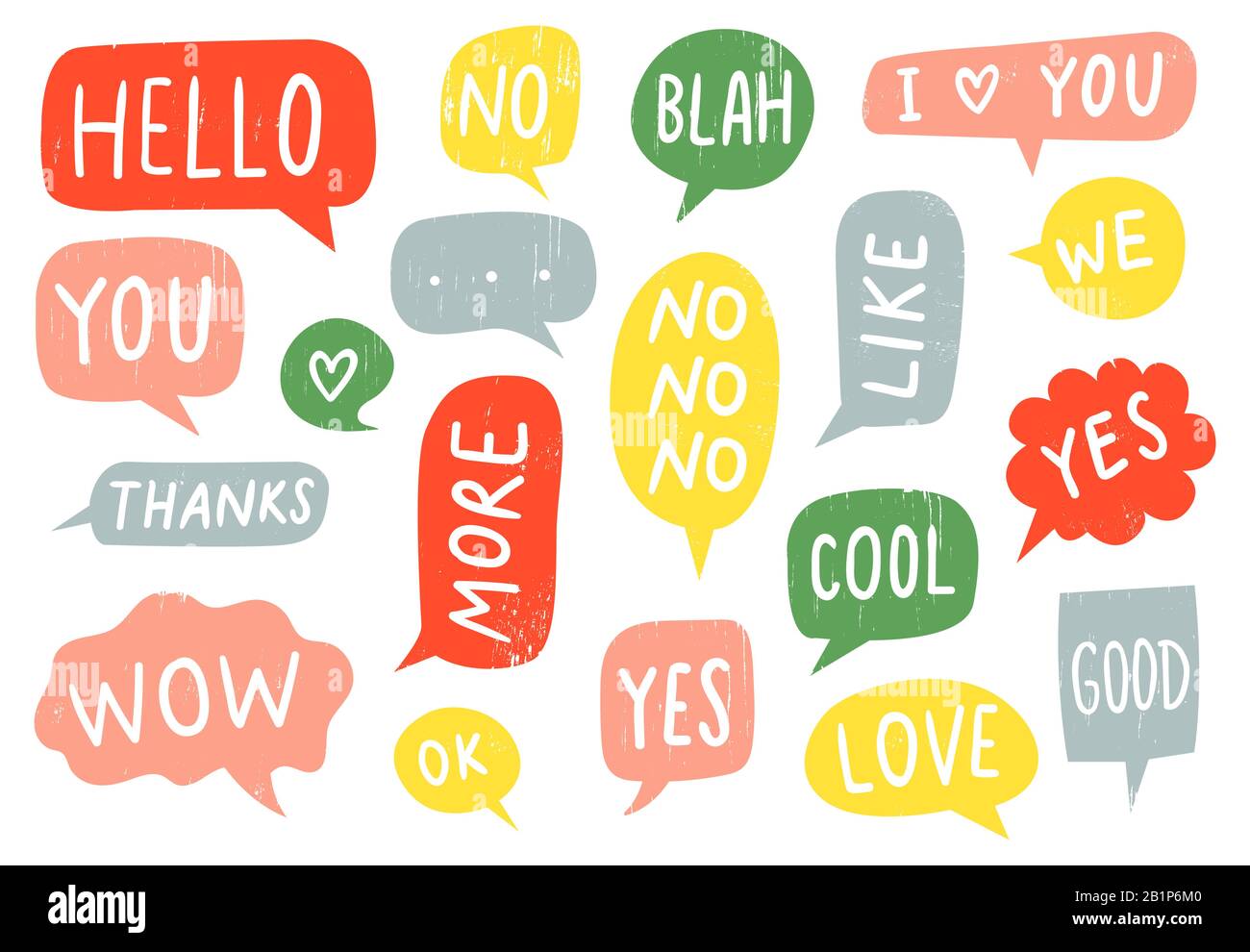 Segni di bolla del parlato testurizzati. Grazie segno, sì e nessun doodle. Fotogrammi disegnati a mano con ok, buono e mi piace voi testo vettore set. Nuvole di testo multicolore Illustrazione Vettoriale