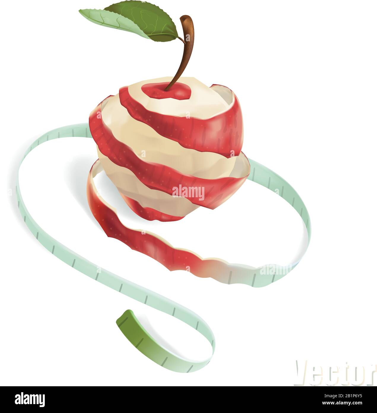 L'illustrazione mostra una mela, che è stata tagliata a spirale. La spirale passa nel nastro di misurazione. Questo è un simbolo di perdita di peso, dieta, sano Illustrazione Vettoriale