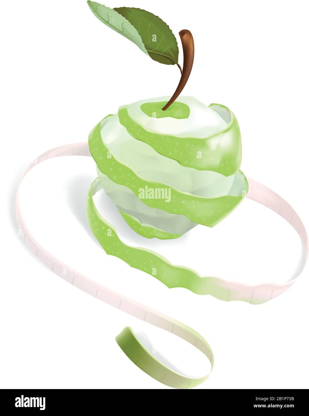 L'illustrazione mostra una mela verde, che è stata tagliata a spirale. La spirale passa nel nastro di misurazione. Questo è un simbolo di perdita di peso, dieta, hea Illustrazione Vettoriale