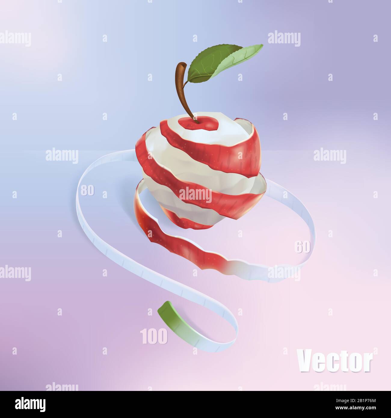 L'illustrazione mostra una mela rossa, che è stata tagliata a spirale. La spirale passa nel nastro di misurazione. Questo è un simbolo di perdita di peso, dieta, salute Illustrazione Vettoriale