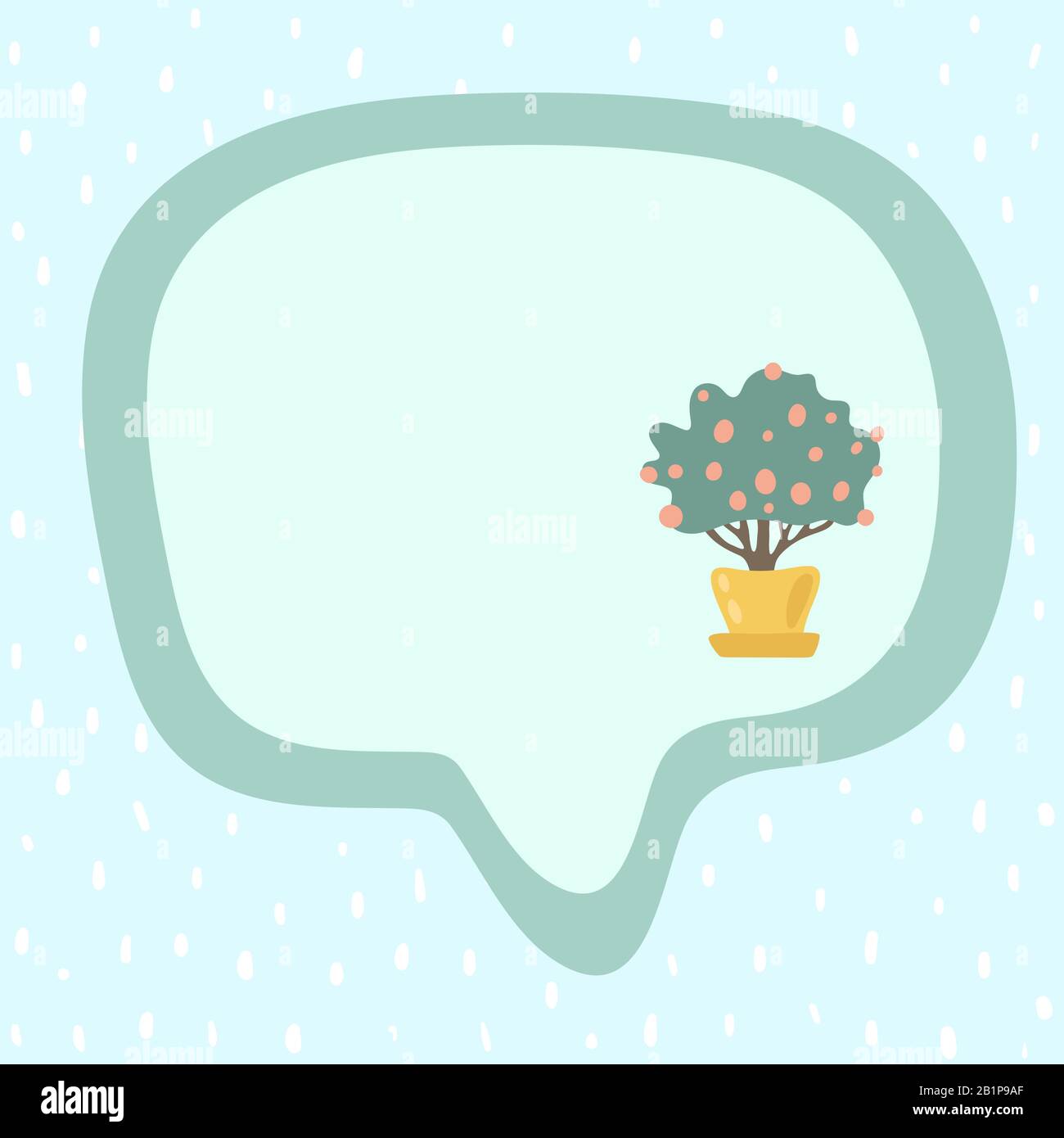 Cornice per il testo con sfondo menta punteggiato. Illustrazione dello stock di bolle vocali. Formato quadrato. Carino albero di mandarino in un vaso giallo. Sfumature delicate Illustrazione Vettoriale