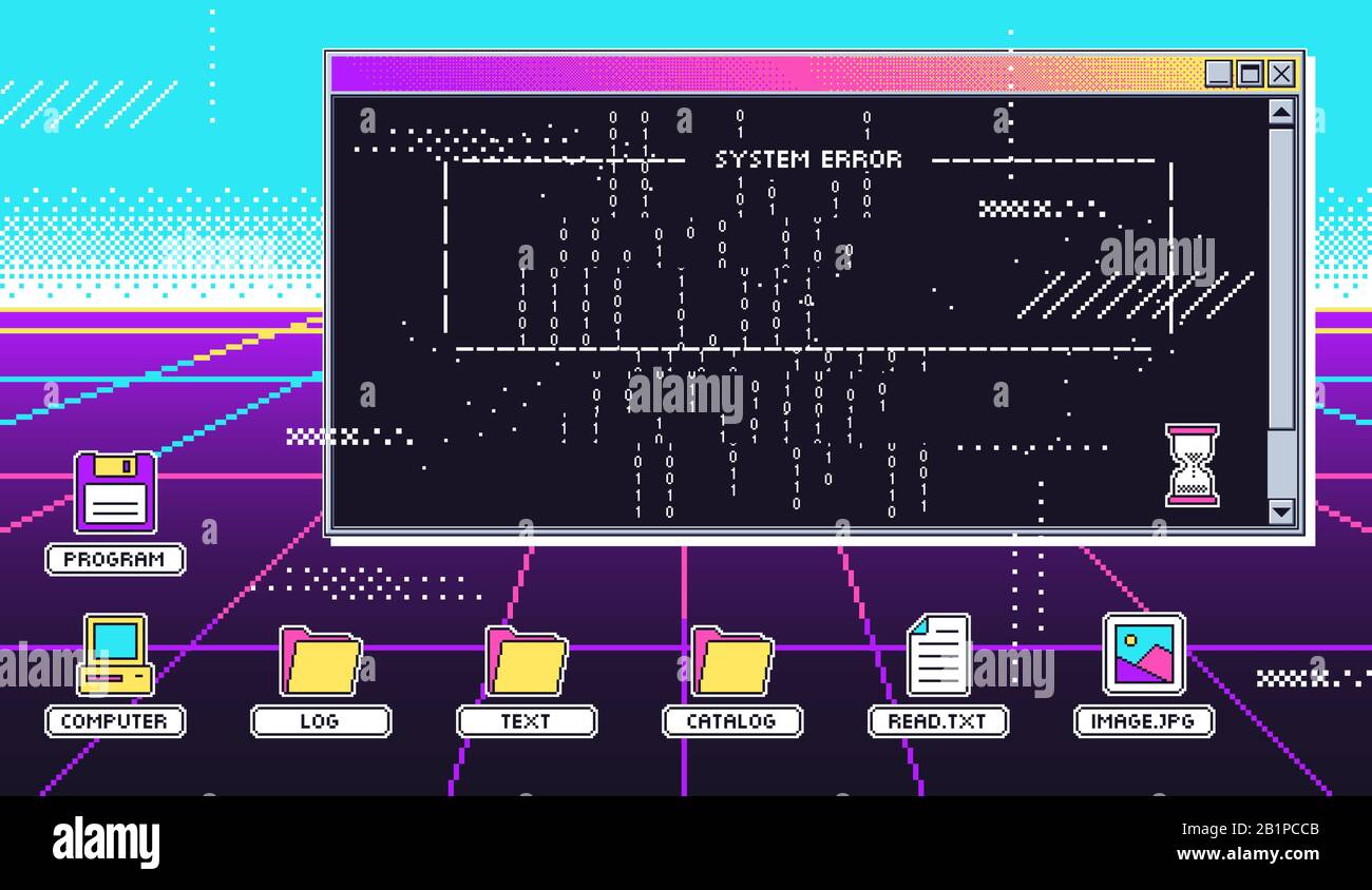 Schermata di interfaccia 80s di Vaporwave. Immagine del vettore di errore del sistema di errore del programma e del terminale retrò o vecchio schermo del computer, attacco di hack virtuale Illustrazione Vettoriale