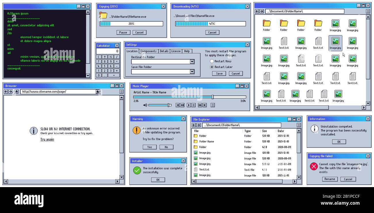 Interfaccia utente retro. Retro UI copia, download box e finestra di messaggio di avviso. Vecchio browser Internet, terminale e lettore musicale Illustrazione Vettoriale