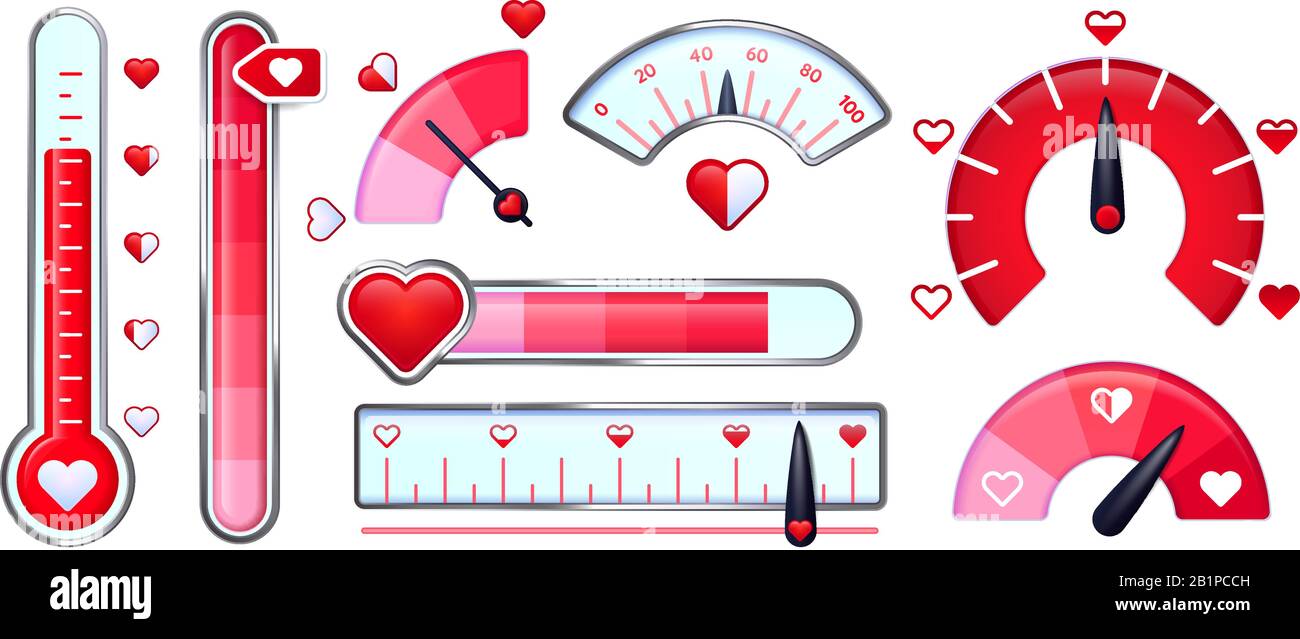 Misuratore d'amore. Carta San Valentino, indicatore d'amore con cuori rossi e termometro d'amore. Set vettore per cardiometri rossi Illustrazione Vettoriale