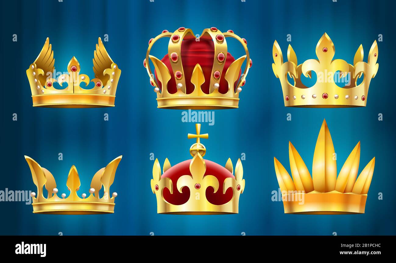 Corona reale realistica. Gioielli del re, corone monarchi con pietre gemme vettore set Illustrazione Vettoriale