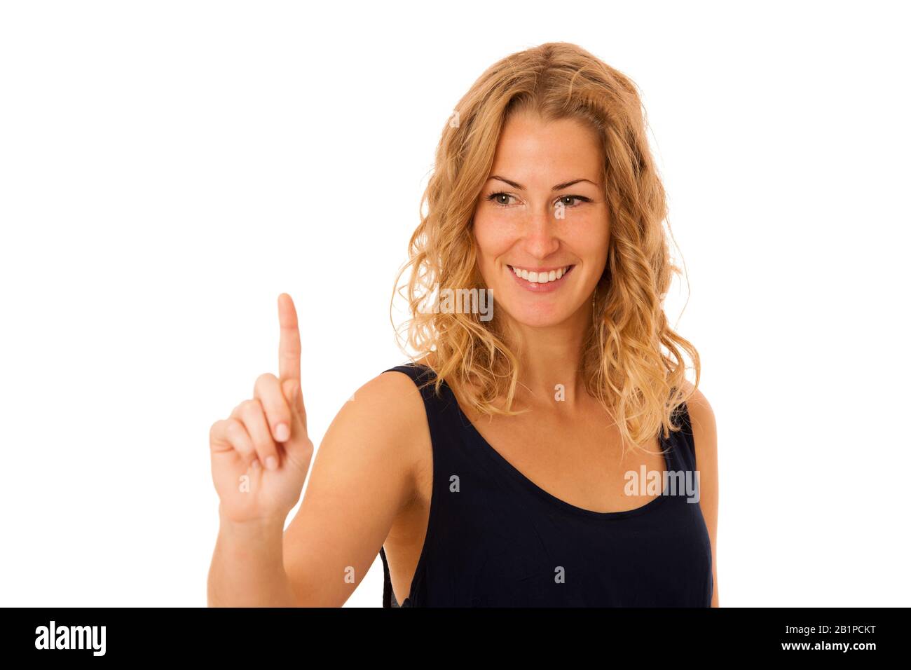 Business Woman premendo il tasto virtuale isolato su bianco Foto Stock