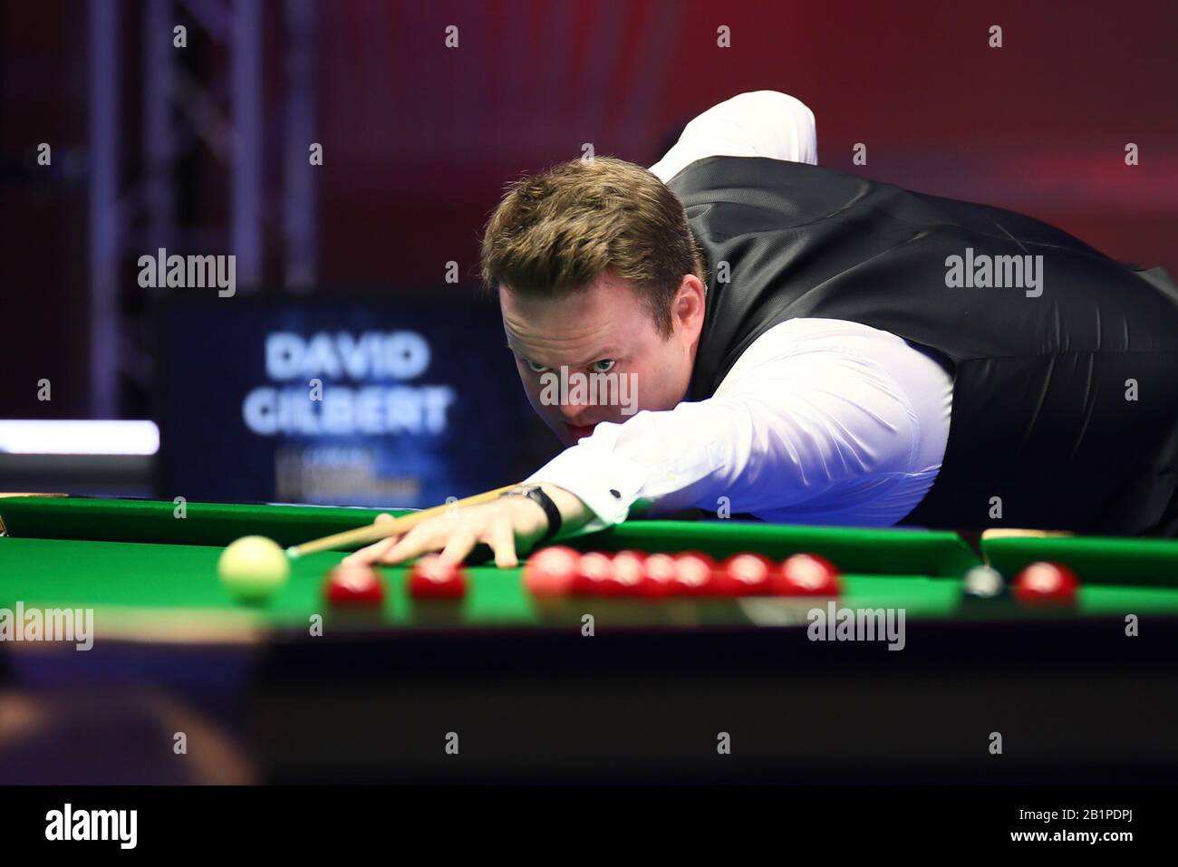 Shaun Murphy of England ha girato David Gilbert of England al primo round del 2020 Players Championship a Southport, Regno Unito, 26 febbraio 2020. Shaun Murphy d'Inghilterra sconfisse David Gilbert d'Inghilterra con 6-5. Foto Stock