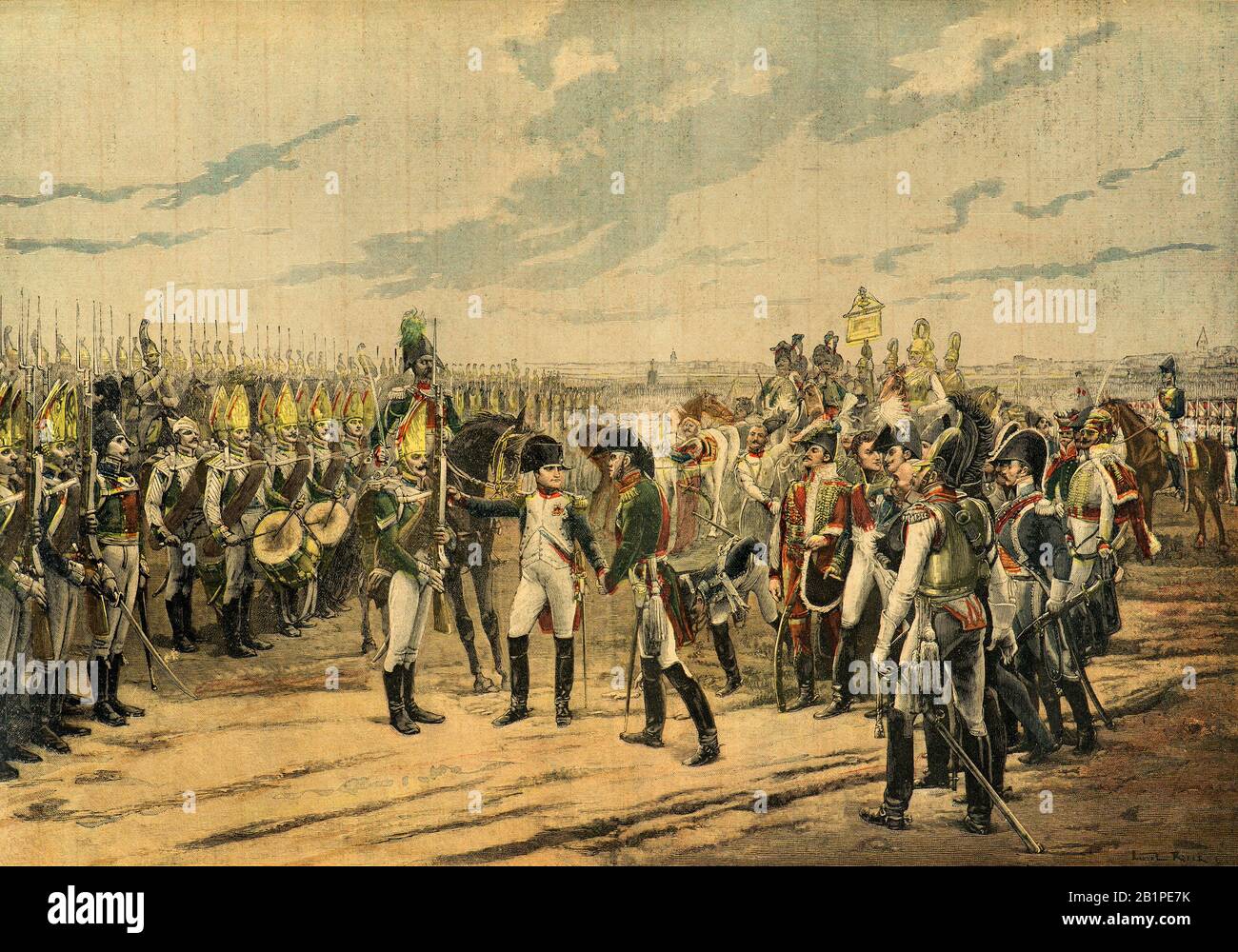 Incisione - l'imperatore Napoleone 1st decora il granatiere russo Lazareff (lazarew) con la croce della legione d'onore a Tilsitt nel 1807 - Collezione privata Foto Stock