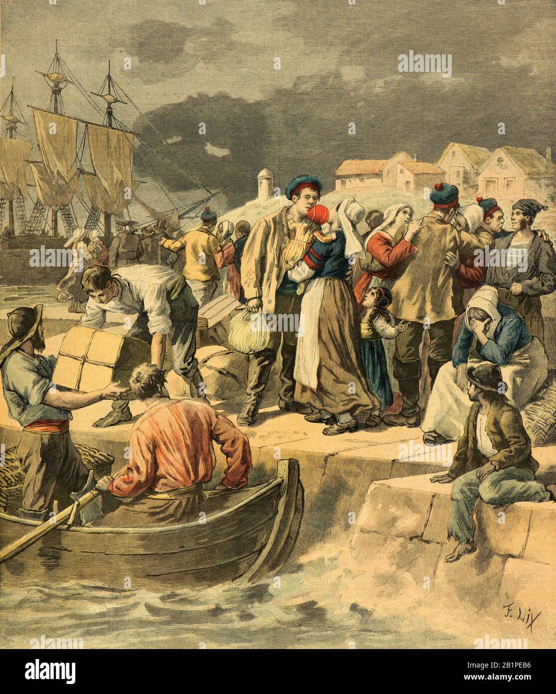 LIX Frederic ( 1830 - 1897 ) - partenza dei pescatori bretoni per la campagna di pesca islandese nel 1894 - Collezione privata Foto Stock