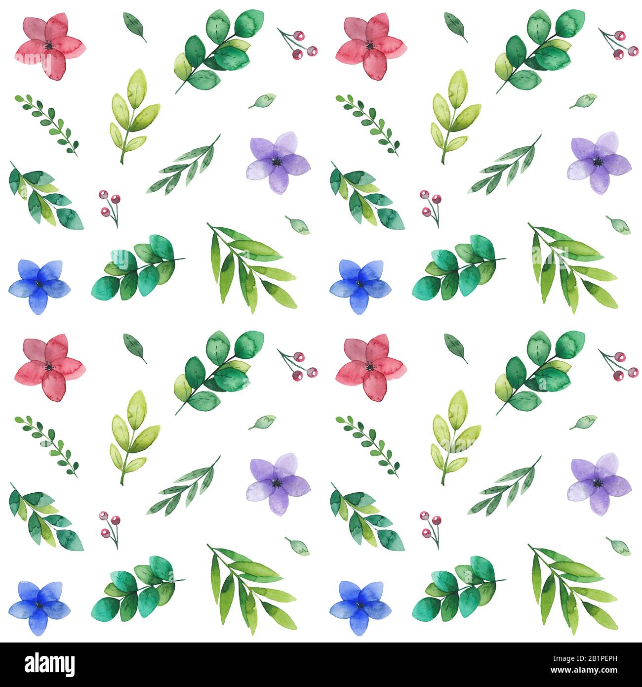 Primavera senza cuciture motivo di fiori e foglie forestali in acquerello, biglietto di auguri, isolato su bianco, colori vivaci Foto Stock Primavera senza cuciture motivo di fiori e foglie forestali in acquerello, biglietto di auguri, isolato su bianco, colori vivaci Foto Stock