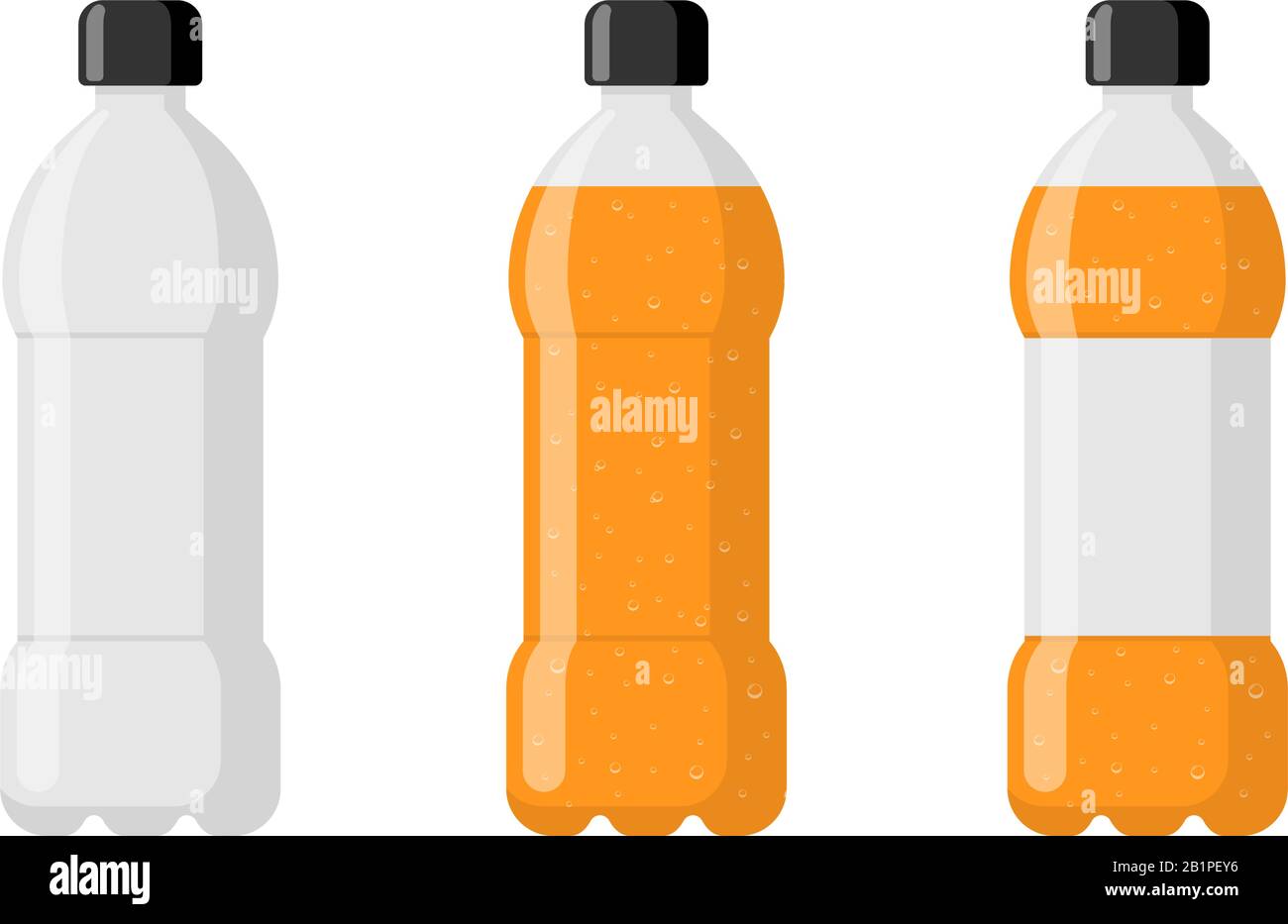 Set di bottiglie in plastica vuoto con bevanda analcolica arancione ed etichetta. Bevanda gassata con bolle nella tara immagine vettoriale isolata piatta Illustrazione Vettoriale