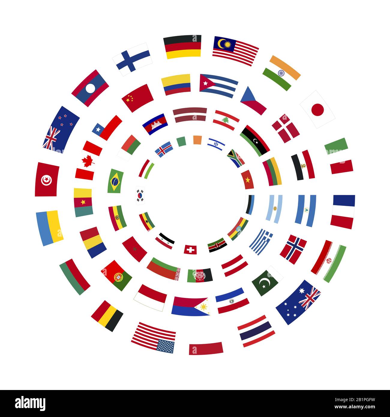 Molte bandiere di stati sovrani disposte in quattro cerchi isolati su sfondo bianco Illustrazione Vettoriale