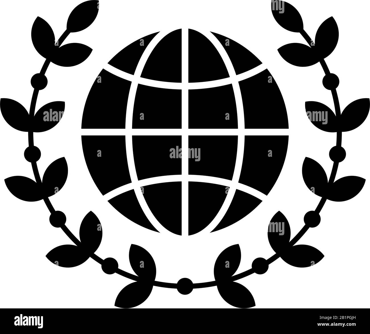 Mondo con icona nera in stile wreath lineare. Immagine vettoriale della linea di concetto Global PEACE award Illustrazione Vettoriale