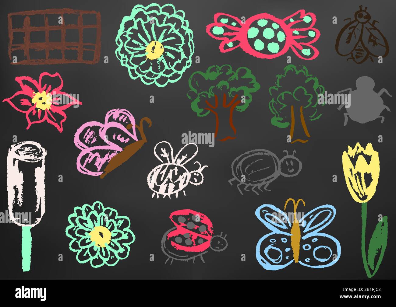 Disegno dei bambini gesso colorato su una lavagna nera. Elementi di progettazione di imballaggi, cartoline, involucri, copertine. Dolce creatività dei bambini. Fiore, farfalla Illustrazione Vettoriale