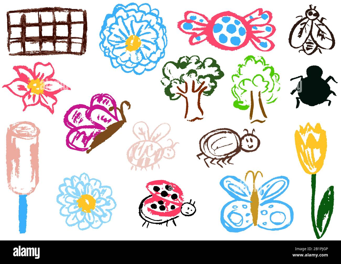 Disegno dei bambini con pastelli di cera colorati. Elementi di progettazione di imballaggi, cartoline, involucri, copertine. Dolce creatività dei bambini. Fiore, farfalla, b Illustrazione Vettoriale