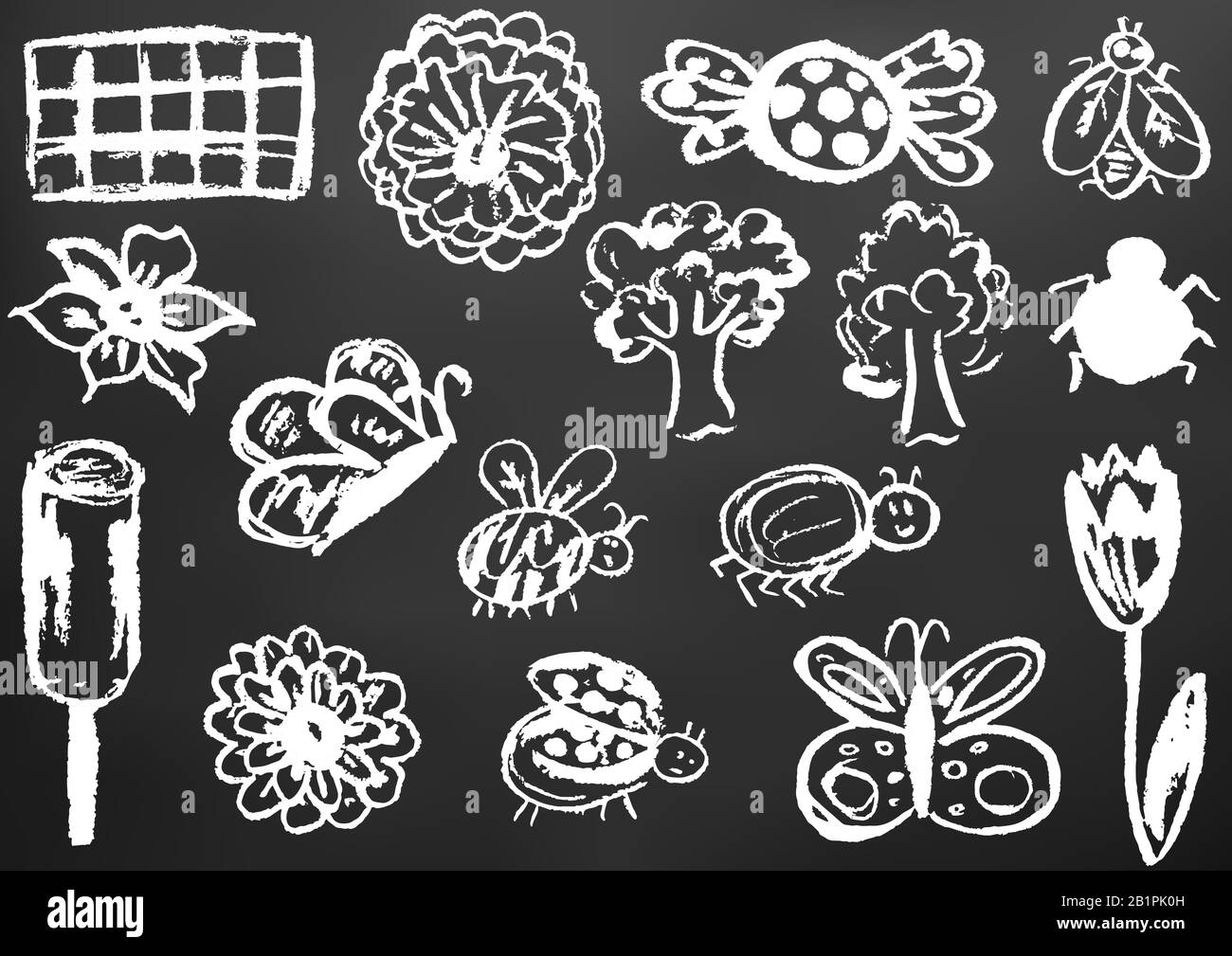 Disegno per bambini con gesso bianco su una tavola nera. Elementi di progettazione di imballaggi, cartoline, involucri, copertine. Dolce creatività dei bambini. Fiore, butterfl Illustrazione Vettoriale
