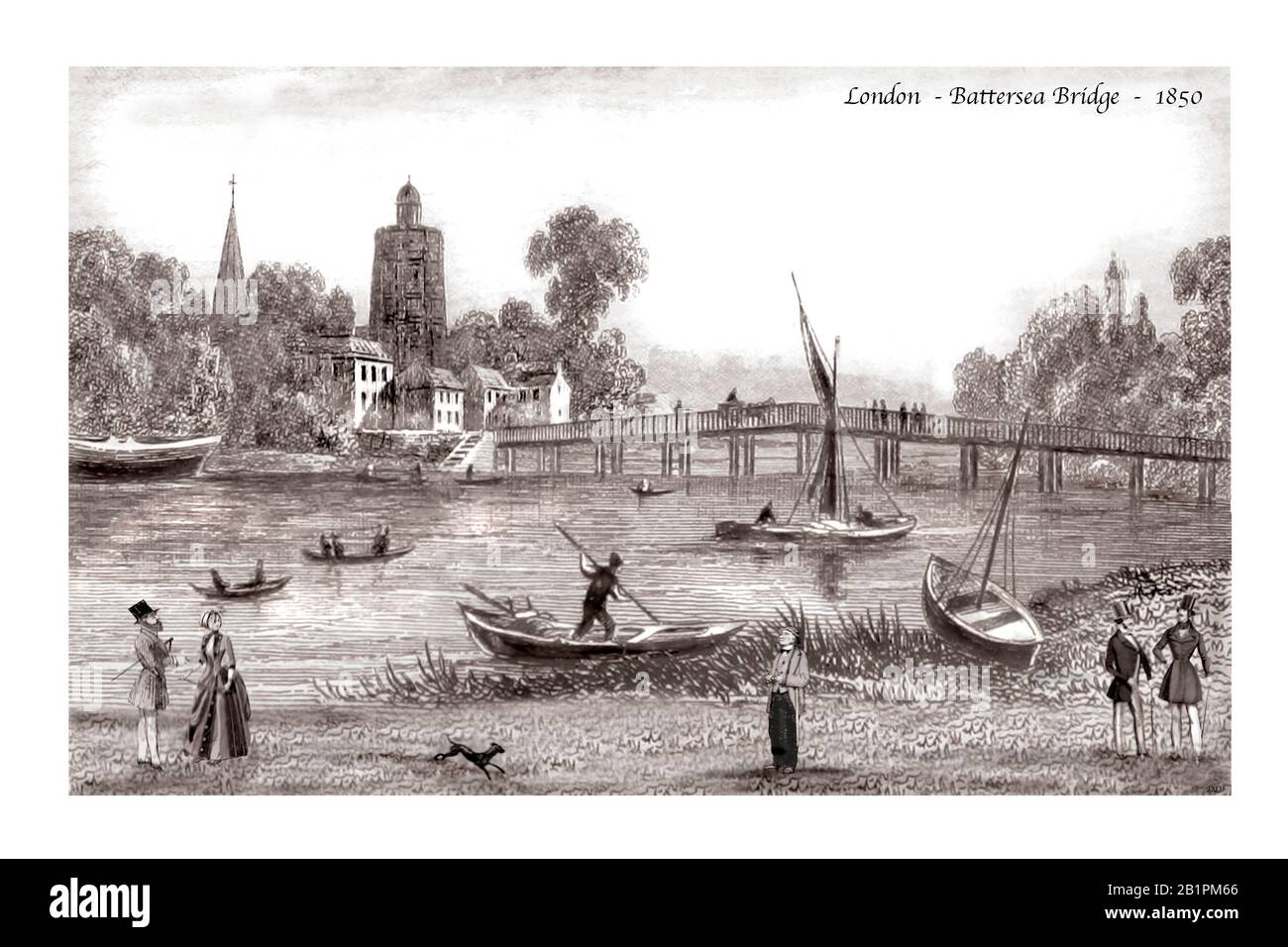 London Battersea Bridge 1850 Original Design basato su un'incisione del 19th secolo Foto Stock