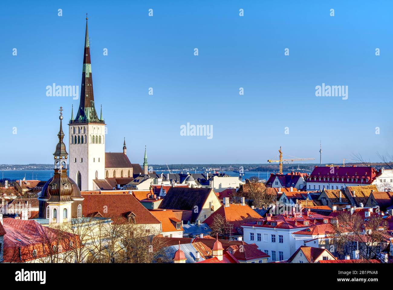 Panoramica della città vecchia, Tallinn in Estonia preso dalla vista a Toompea che mostra le mura e le chiese della città. Riprese HDR Foto Stock