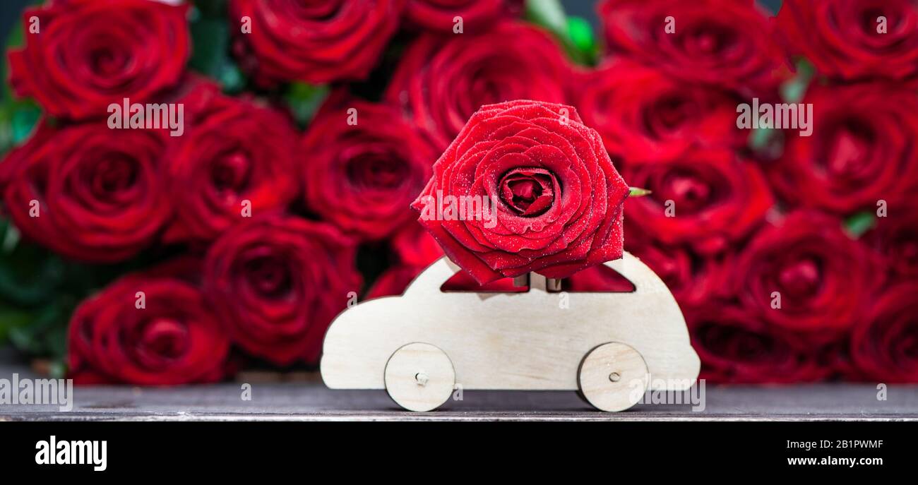 Concetto di fiore consegna, amore, macchina da scrivere trasporta un fiore contro uno sfondo di rose rosse. Foto Stock
