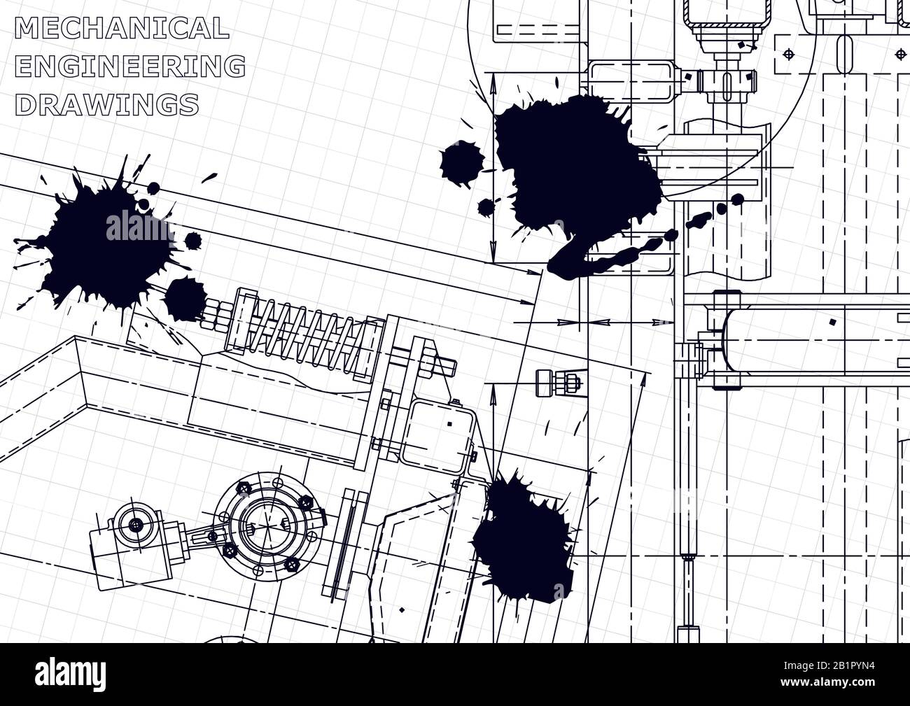 Disegno tecnico meccanico. Industria della costruzione di macchine. Disegni per la produzione di strumenti. Inchiostro Nero. Macchie. Tecnico Illustrazione Vettoriale
