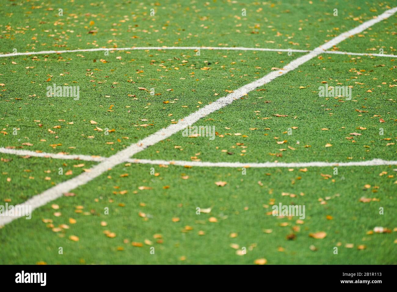 Erba artificiale, campo sportivo coperto con marcatura. Tappeto erboso artificiale utilizzato in diversi sport: Calcio, calcio, rugby, tennis, baseball, football americano Foto Stock