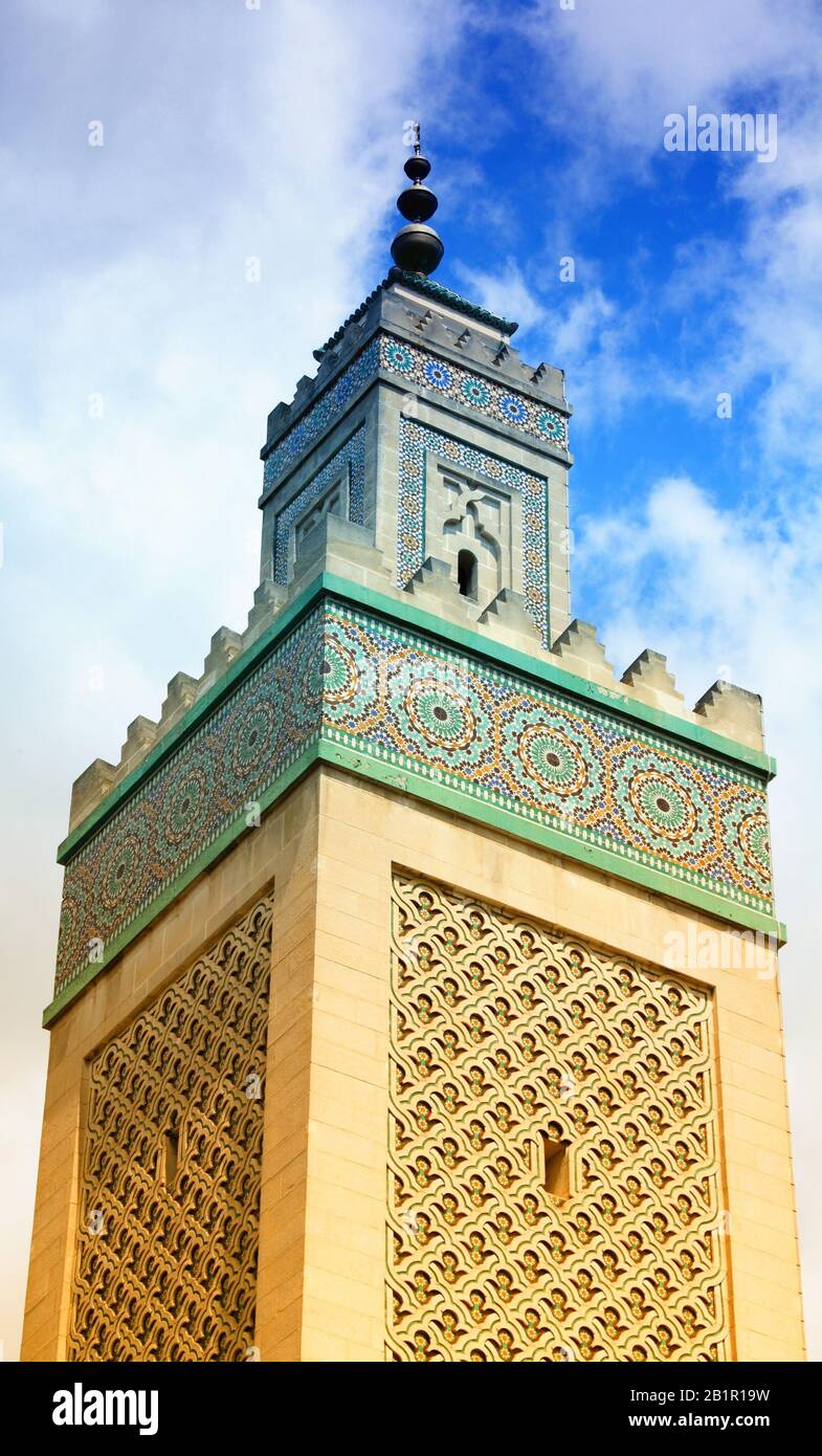 Parigi, Francia - La Famosa Grande Moschea Nel Quartiere Latino. Patrimonio Dell'Umanità Dell'Unesco. Colori di stile filtrati. Foto Stock