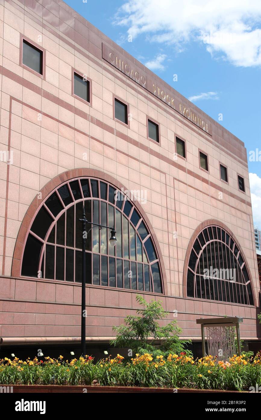 Chicago, USA - 28 GIUGNO 2013: Edificio della Borsa di Chicago. La borsa esiste dal 1882. È di proprietà di Intercontinental Exchange. Foto Stock