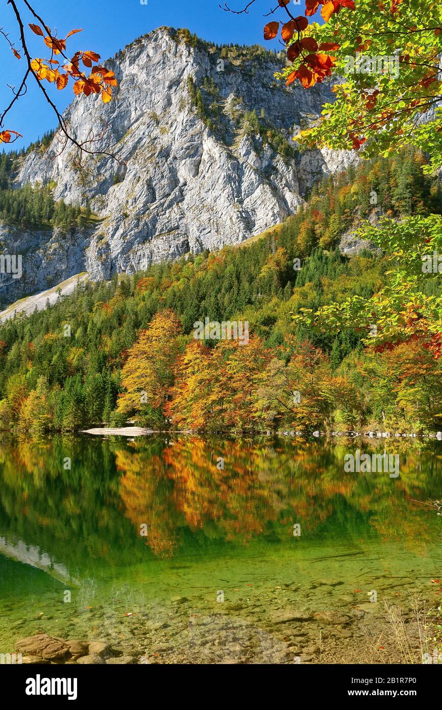 , lago di montagna Hinterer Langbatsee in autunno, Austria, Austria superiore, Salzkammergut Foto Stock