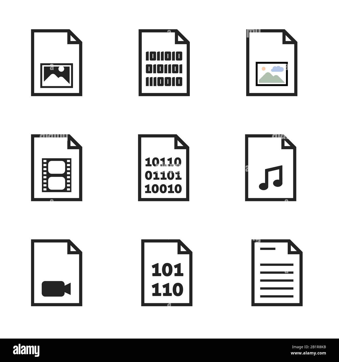 Raccolta icone formato file. Icone per file binari, documenti, immagini, video e audio. Illustrazione Vettoriale