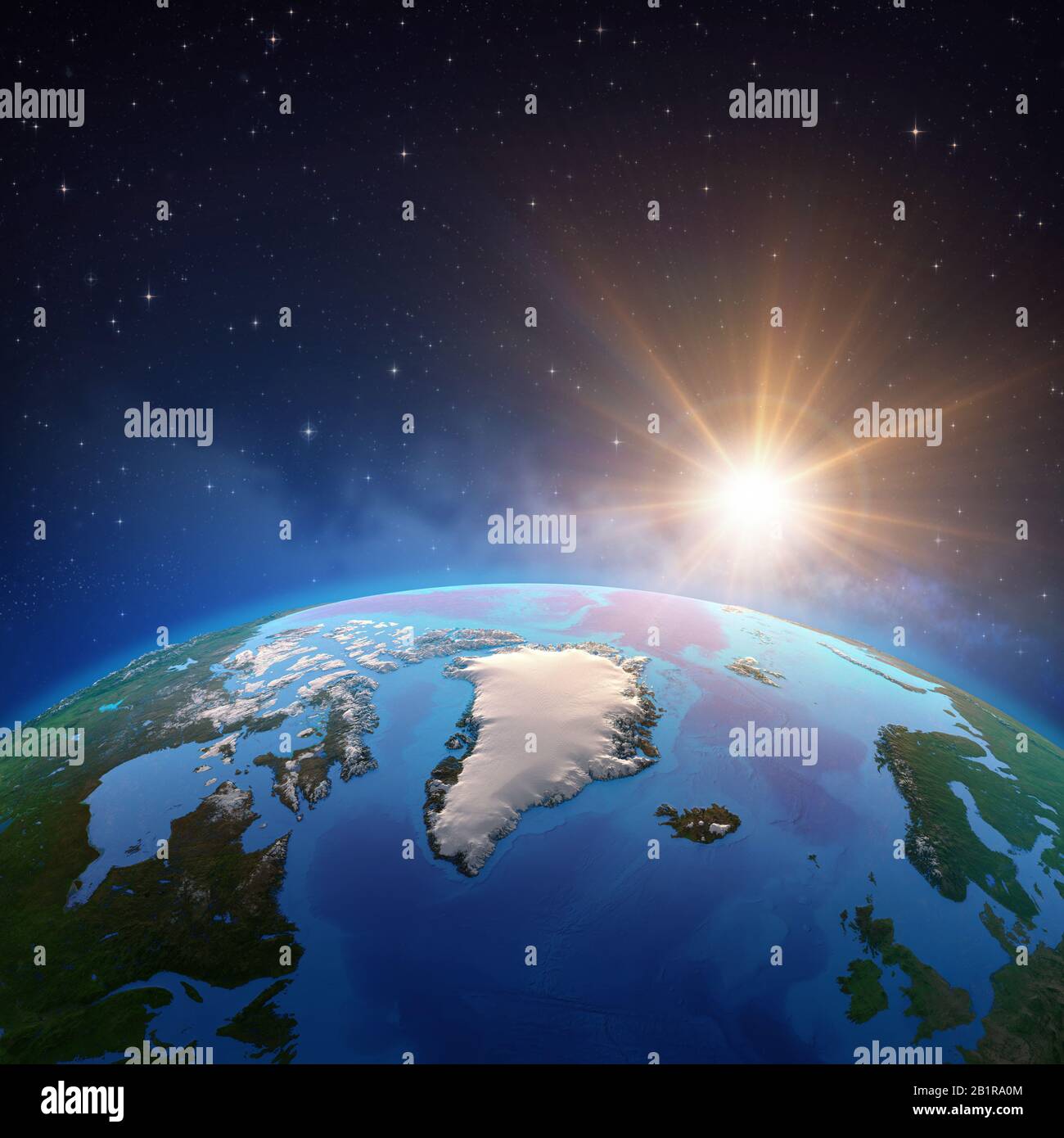 Regione artica e Groenlandia vista da un satellite, sole che sorge all'orizzonte. Mappa fisica del Polo Nord. Illustrazione 3D - Elementi di questa immagine f Foto Stock