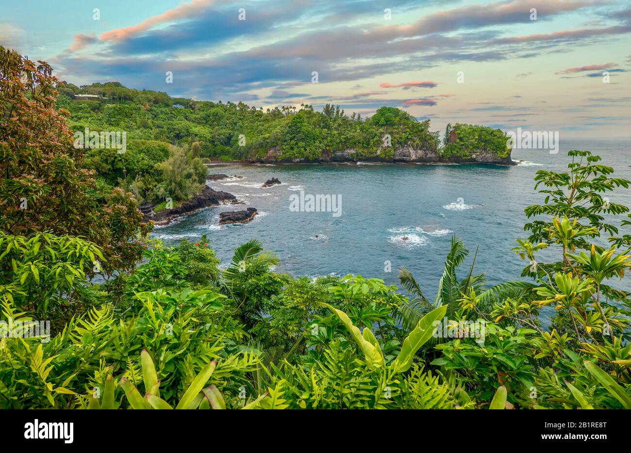 Una splendida baia isolata vicino Hilo, Hawaii, con lussureggiante vegetazione tropicale e pittoresco paesaggio. Foto Stock