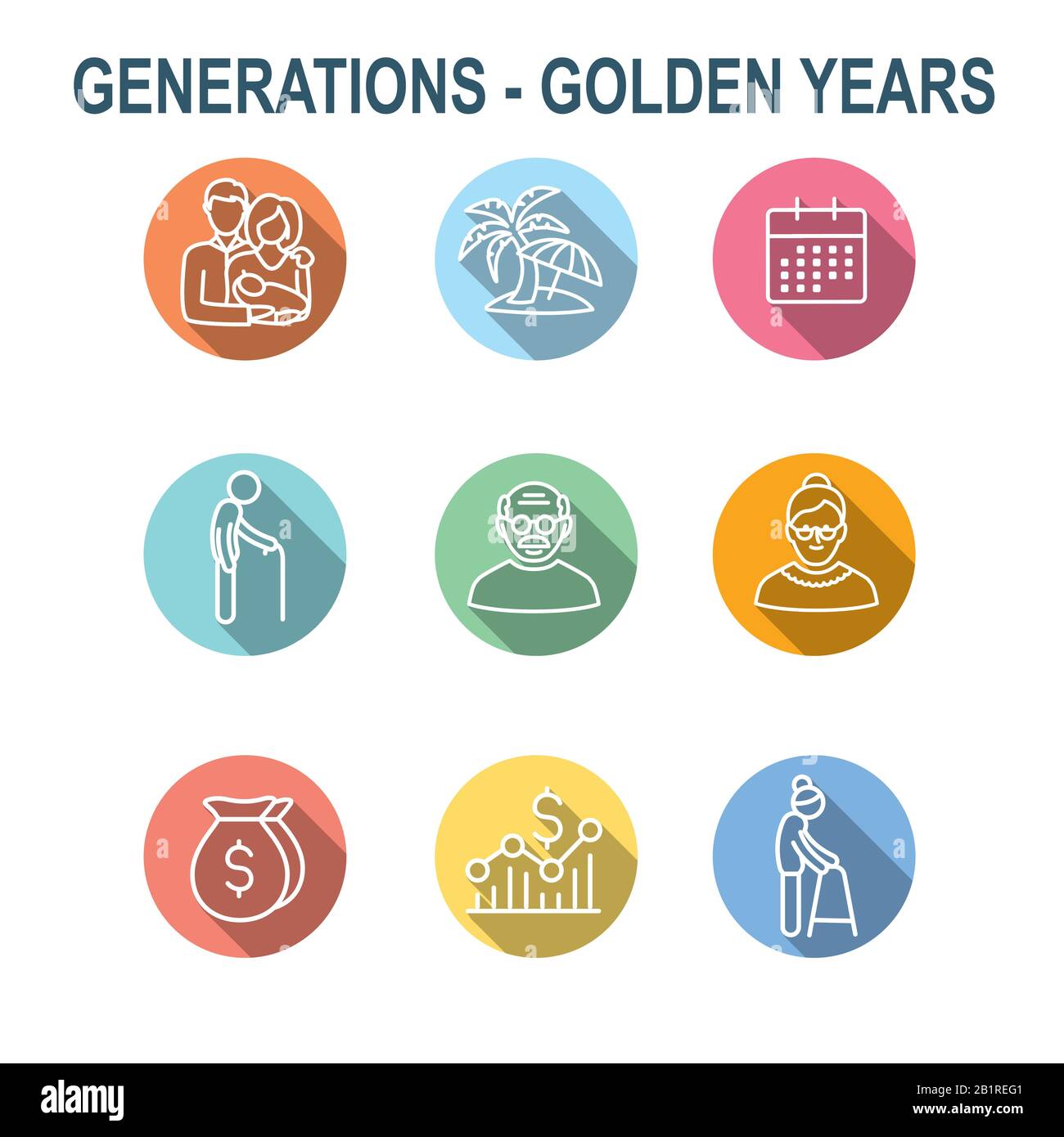 Generazioni: Golden anni Imposta icona con il pensionamento calendario , il denaro, etc Illustrazione Vettoriale