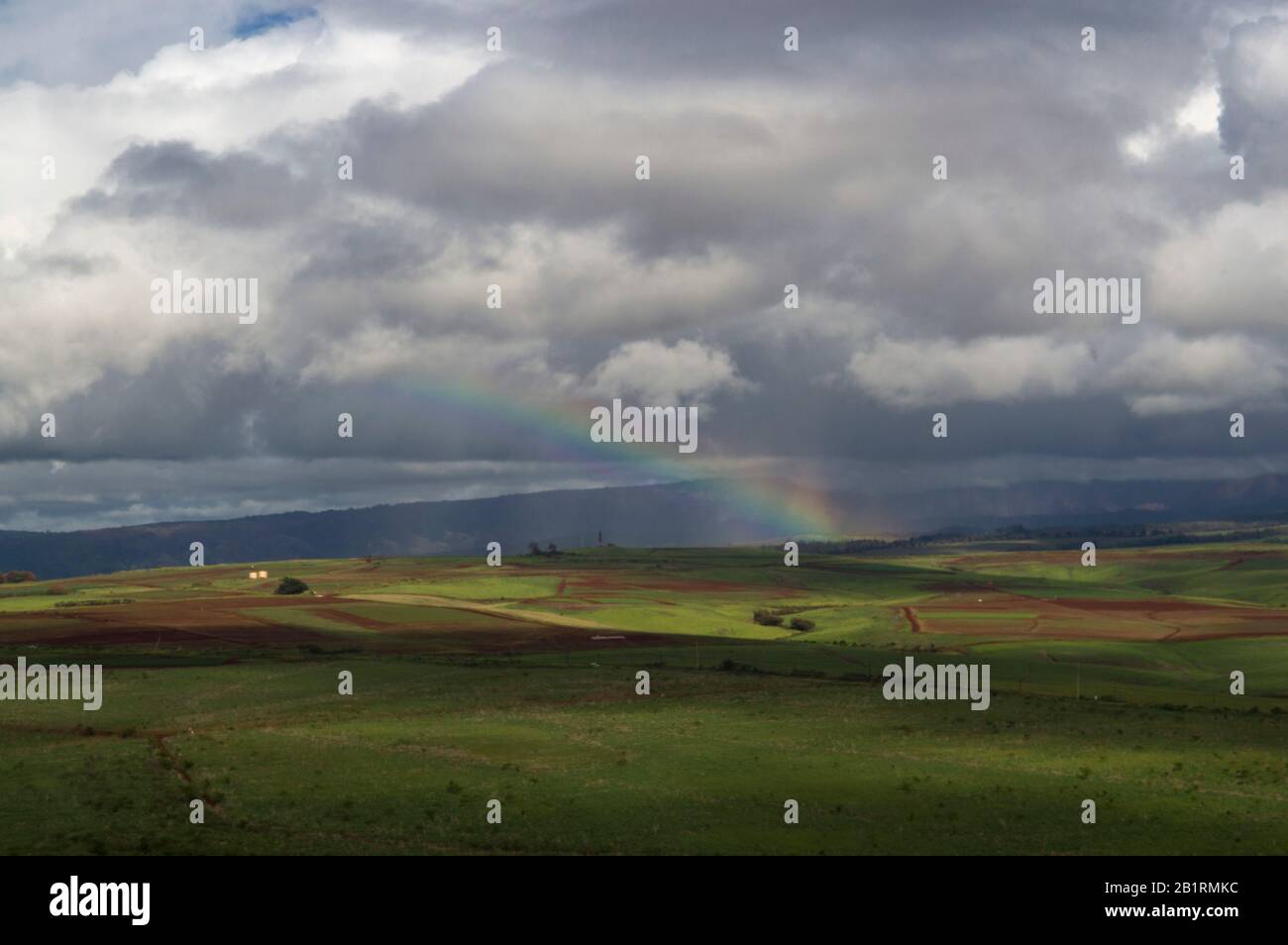Fotografia aerea di un arcobaleno sopra l'Isola Giardino delle Hawaii. Foto Stock