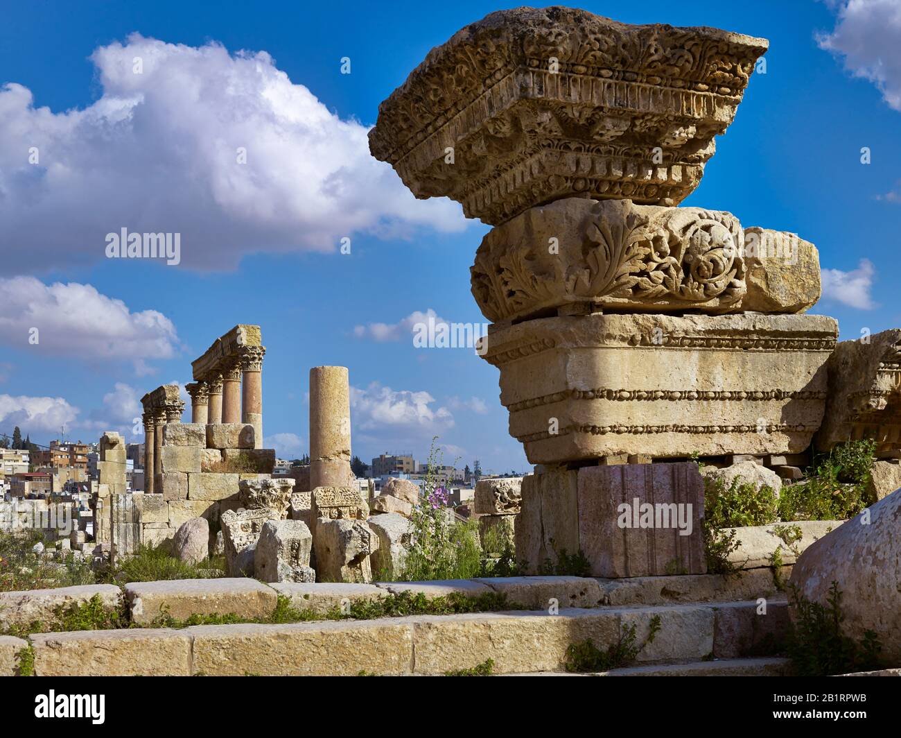 Dettagli architettonici dell'antica Gerasa o Gerash, Giordania, Medio Oriente, Foto Stock