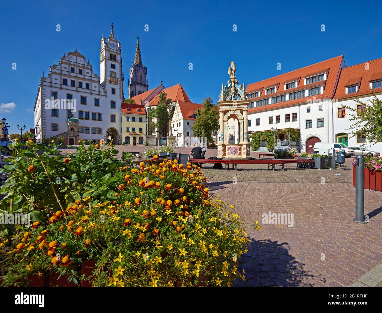 Neumarkt con fontana, municipio e Aegidienkirche a Oschatz, Landkreis Nordsachsen, Sassonia, Germania Foto Stock