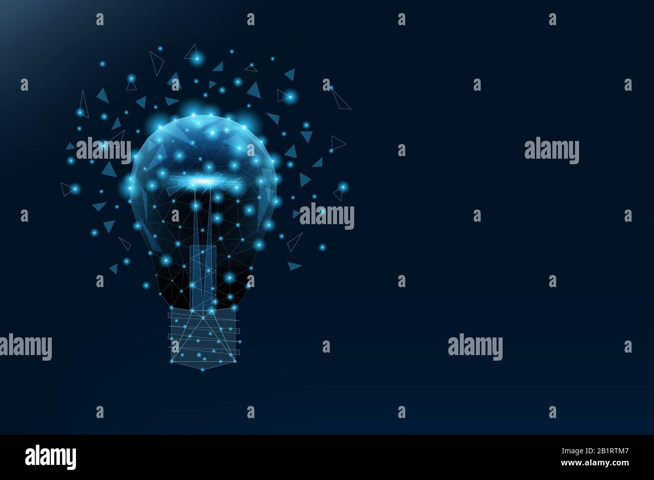 Lampadina di triangoli e punti luminosi. Sfondo di un bel cielo notturno blu scuro. Idea di concetto illustrazione Poligonale. Poli basso Foto Stock