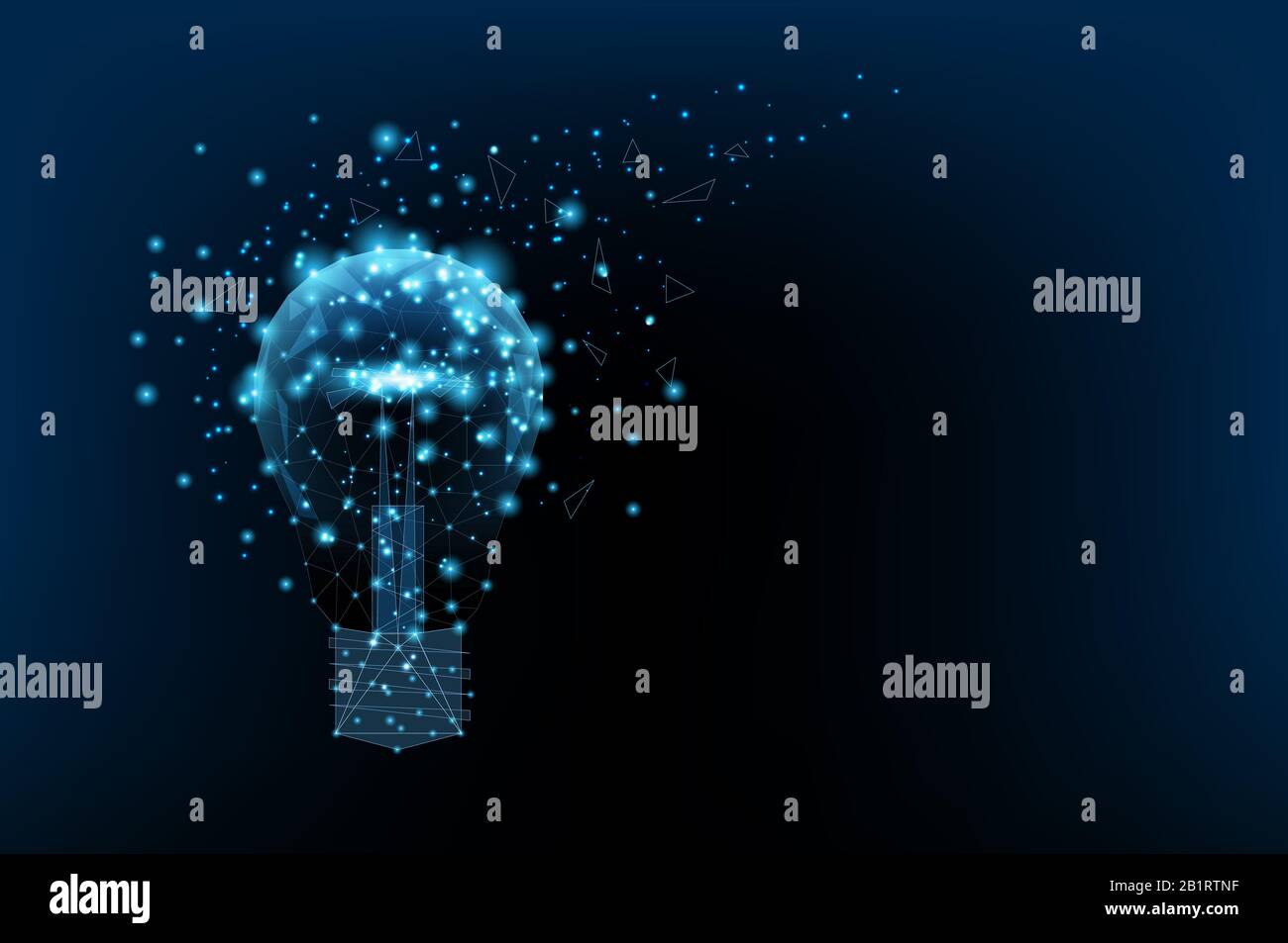 Lampadina di triangoli e punti luminosi. Sfondo di un bel cielo notturno blu scuro. Idea di concetto. Illustrazione poligonale. Poli basso Foto Stock