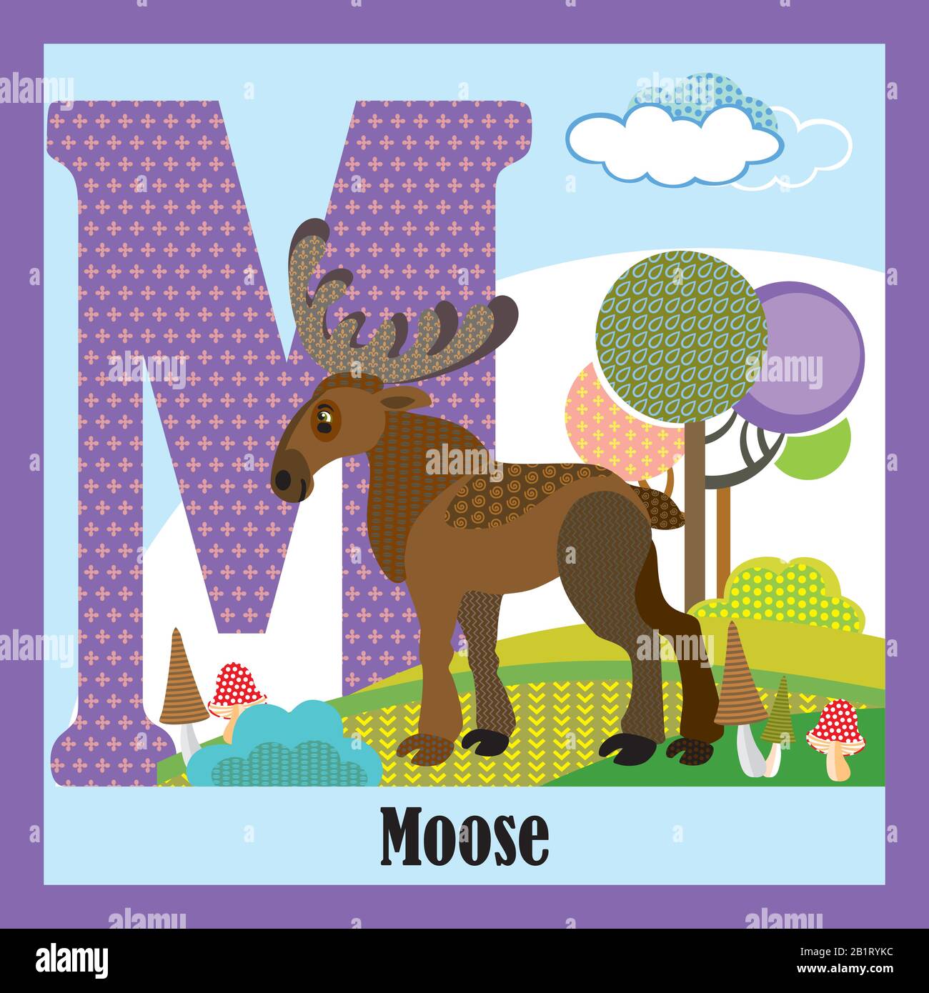 Cartone animato vettore flashcards di alfabeto animale, lettera M. Cartone animato Colorato illustrazione di lettera e moose vettore carattere. Colori luminosi zoo fauna selvatica Illustrazione Vettoriale